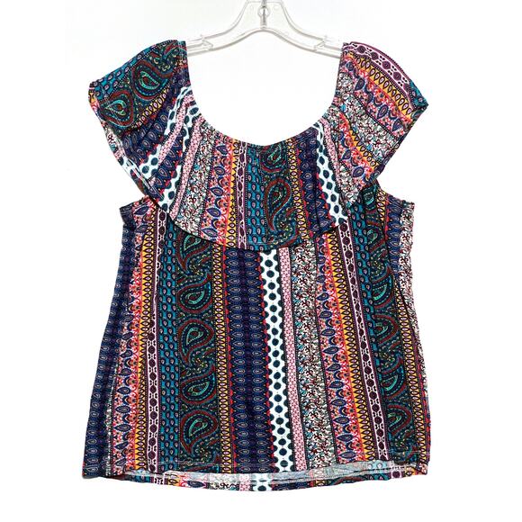 Kristin Nicole Off The Shoulder Ruffle Top Blouse XL Paisley Hippie Boho Artsy - Picture 2 of 10